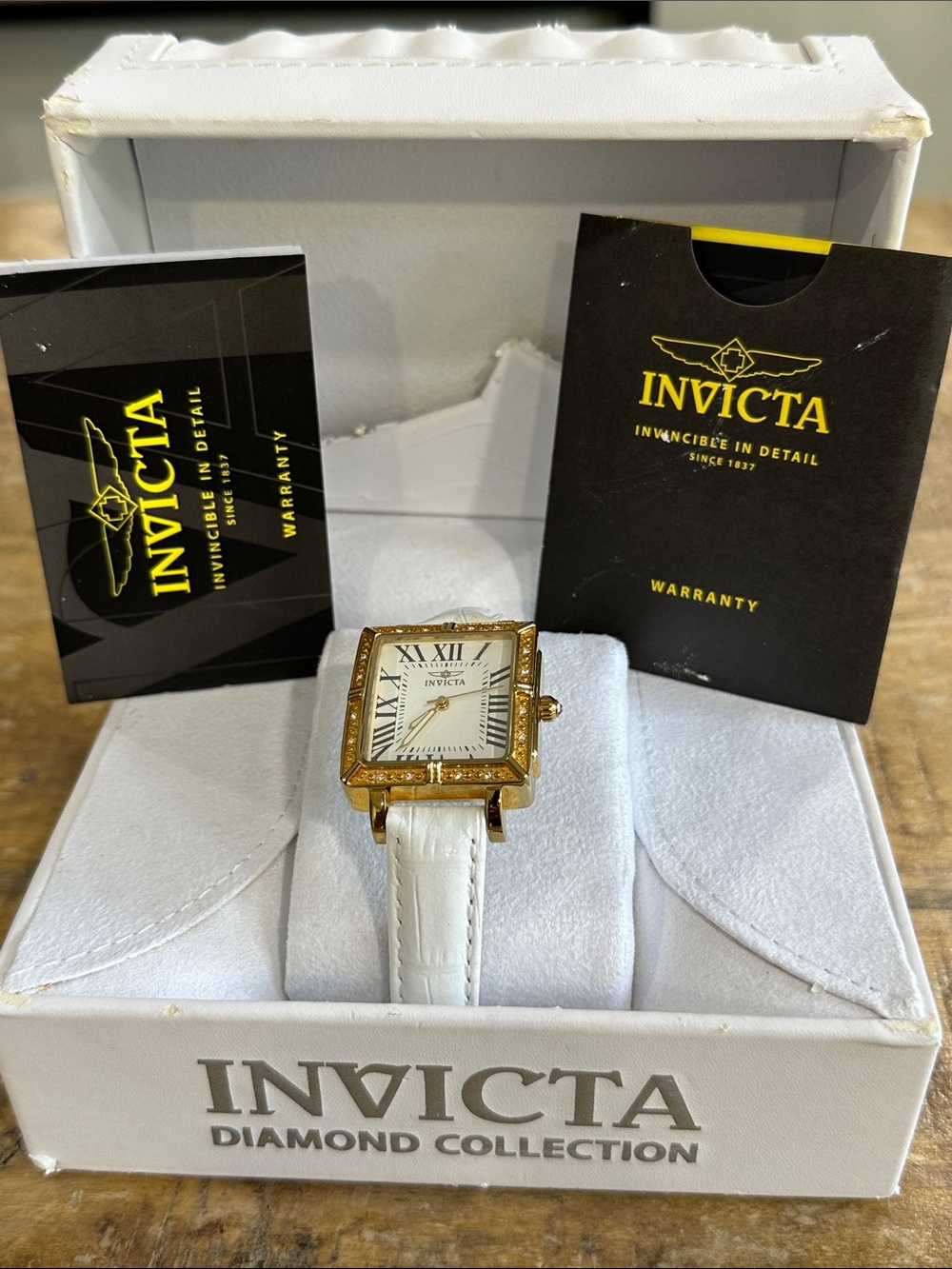 Invicta Gold Square Watch with White Leather Strap and Roman Dial